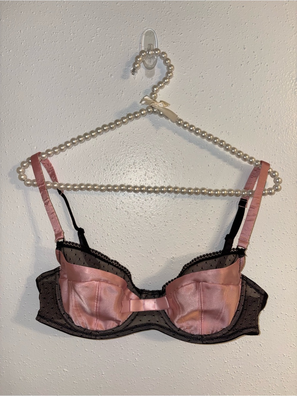Jezebel Vintage Pink Satin Balconette Bra with Black Lace
